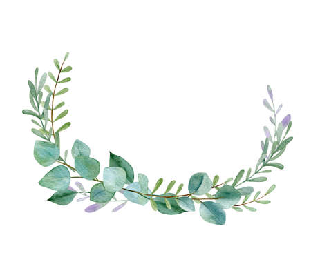 Eucalyptus delicate branches watercolor illustration. Eucalyptus leaves border isolated on white background.の写真素材