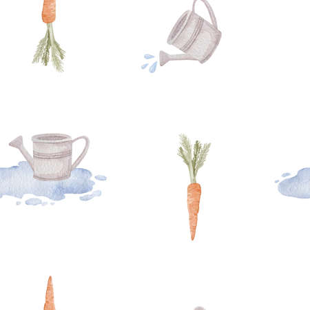 Carrot and watering can watercolor seamless pattern. Gardening theme seamless background for your design.の写真素材