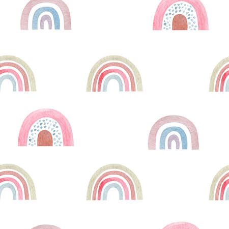 Rainbows watercolor seamless pattern. Cute rainbows children textile pattern.の写真素材
