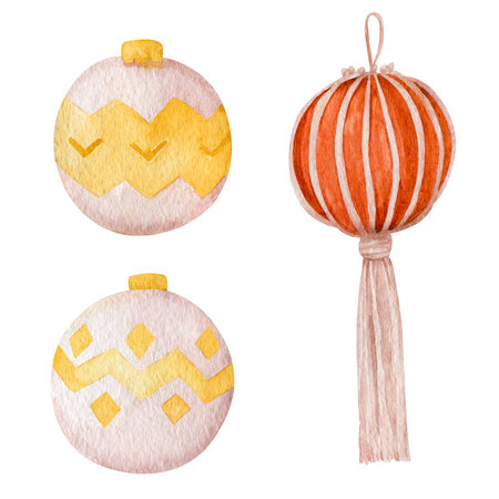 Christmas baubles watercolor illustration. Christmas tree decoration isolated on white background.の写真素材