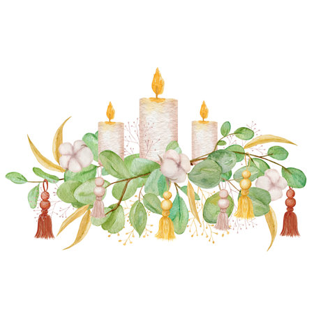 Eucalyptus and cotton bouquet watercolor illustration. Candles decorated with eucalyptus christmas composition.の写真素材