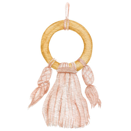 Boho macrame decor watercolor illustration. Hand made macrame decoration isolated on white background.の写真素材