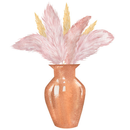 Terracotta vase with pampas grass watercolor illustration. Interior decoration vase isolated on white background.の写真素材
