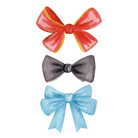 Three bows watercolor illustration. Hand-painted bow collection isolated on white background.