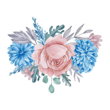 Pink rose and blue chrysanthemum bouquet watercolor illustration. Blush and blue flowers with green leaves border isolated on white background.の写真素材
