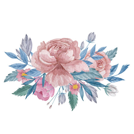 Pink rose bouquet watercolor illustration. Blush flowers with green leaves border isolated on white background.の写真素材