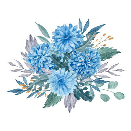 Blue chrysanthemum bouquet watercolor illustration. Blue flowers with green leaves border isolated on white background.の写真素材