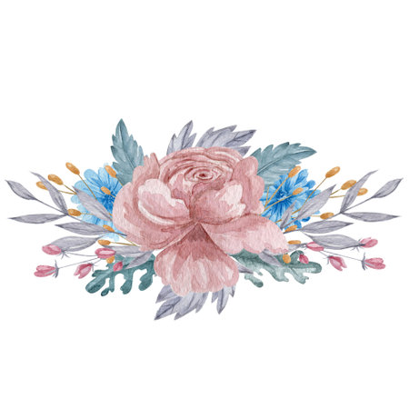 Pink rose and blue chrysanthemum bouquet watercolor illustration. Blush and blue flowers with green leaves border isolated on white background.の写真素材