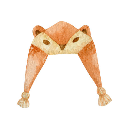 Children hat with ears watercolor illustration. Kids owl hat isolated on white background.の写真素材