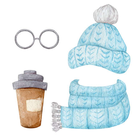 Blue winter accessories collection isolated on white background. Knitted hat, scarf and glasses watercolor illustration.の写真素材