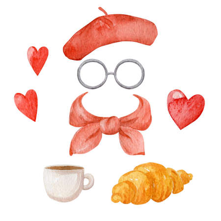 Red wear accessories collection and french food isolated on white background. Women beret, silk scarf and glasses watercolor illustration.の写真素材