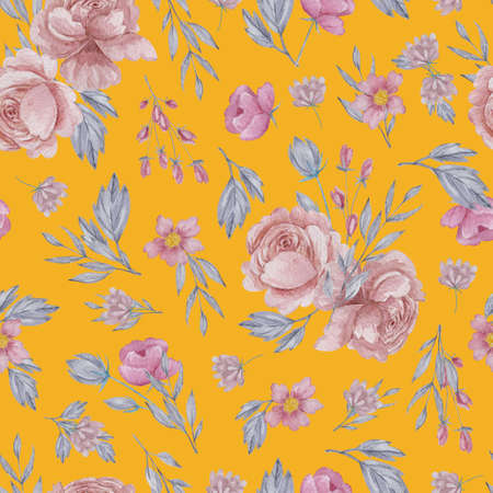 Roses and field herbs seamless pattern. Watercolor blush flowers on yellow background repeatable pattern.の写真素材
