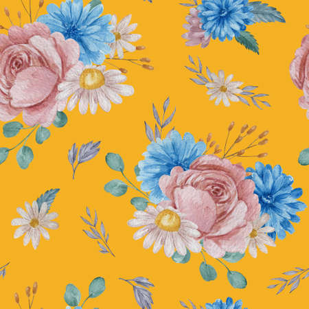 Roses and chrysanthemum floral seamless pattern. Watercolor blue and blush flowers on yellow...