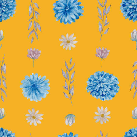 Chrysanthemum and daisies floral seamless pattern. Watercolor blue and white flowers on yellow background repeatable pattern.の写真素材