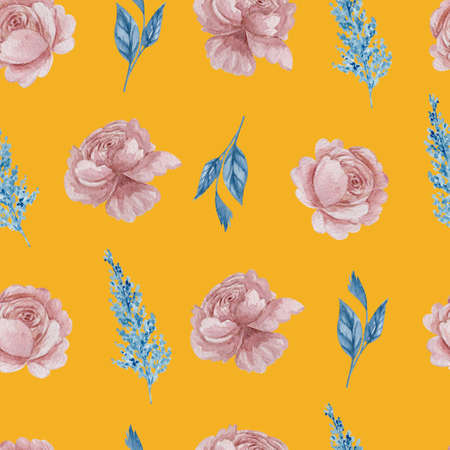 Roses and herbs floral seamless pattern. Watercolor blue and blush flowers on yellow background repeatable pattern.の写真素材
