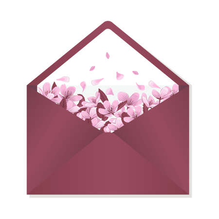 Envelope decorated with cherry blossom vector illustration. Burgundy envelope for wedding invitation isolated on white background.のイラスト素材