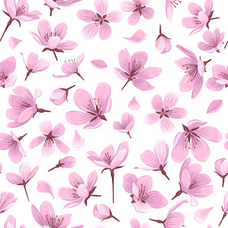 Cherry blossom flowers vector seamless pattern. Pink blossom flowers on white background. Gentle spring floral seamless pattern.のイラスト素材