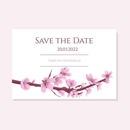 Save the date card template with blooming cherry flowers. Spring cherry blossom wedding invitation vector.のイラスト素材