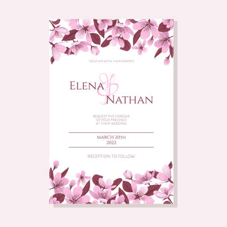 Wedding invitation template with blooming cherry flowers. Spring cherry blossom wedding invitation vector.のイラスト素材