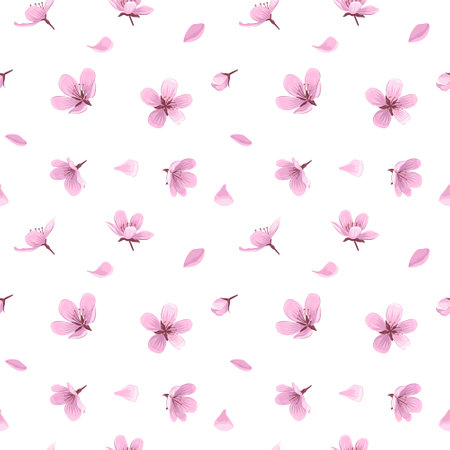 Cherry blossom flowers and petals vector seamless pattern. Pink blooming flowers and petals on white background. Gentle spring floral seamless pattern.のイラスト素材