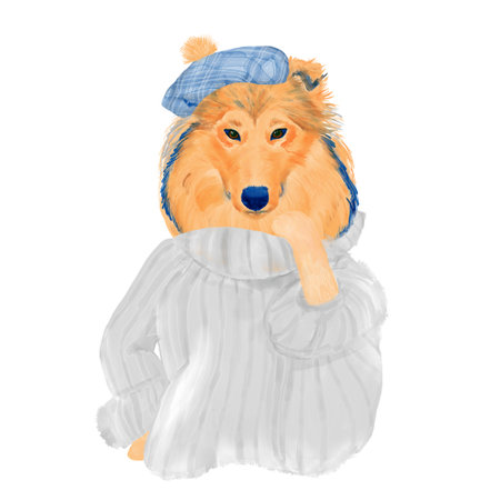 Collie dog in sweater and plaid beret watercolor clipart.の写真素材