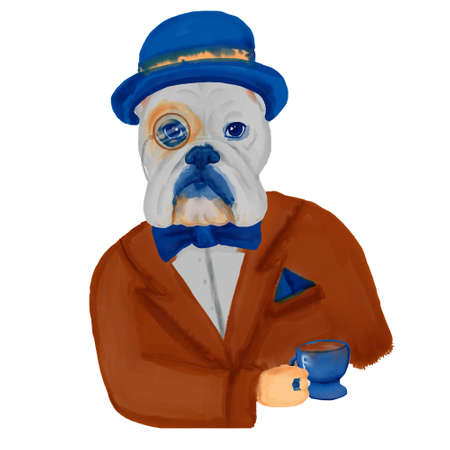 English Bulldog dog in costume watercolor clipart.の写真素材