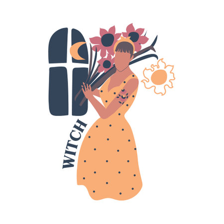 woman holding flowers vector illustration. Witch female modern archetype.のイラスト素材