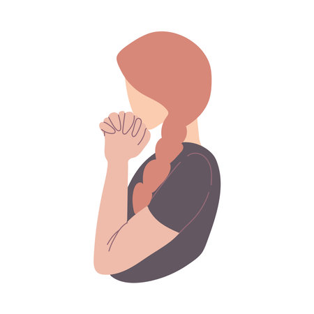 Red hair young woman praying isolated on white background.のイラスト素材