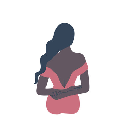 Long hair brunette female wearing backless dress.のイラスト素材