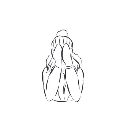 Hand drawn woman closed face vector line sketch.のイラスト素材