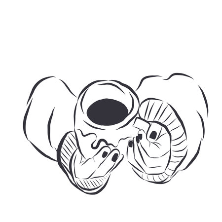 Hand drawn hands holding a mug with coffee vector line sketch.のイラスト素材