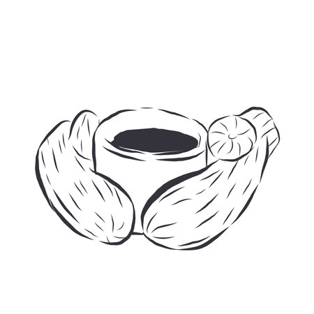 Hand drawn gloved hands holding a mug with coffee vector line sketch.のイラスト素材