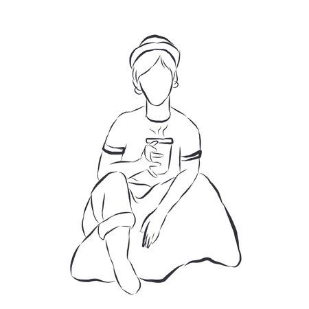 Hand drawn short haired woman sitting cozily vector line sketch.のイラスト素材