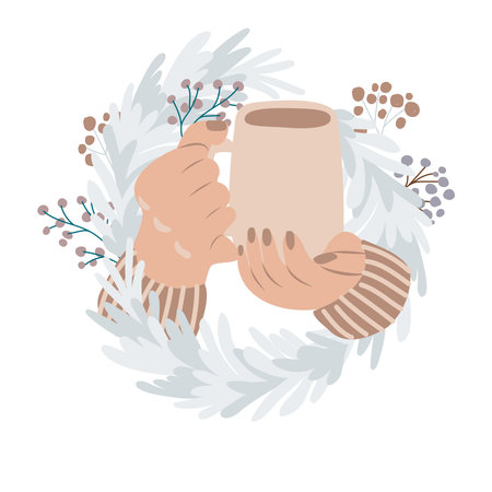 Female hands with coffee mug decorated with christmas wreath.のイラスト素材