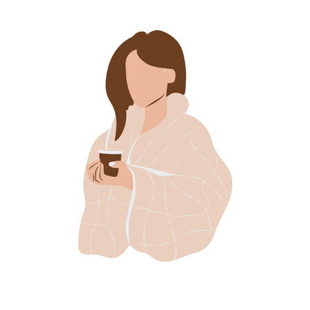 Young woman drinks a hot drink to warm up.のイラスト素材