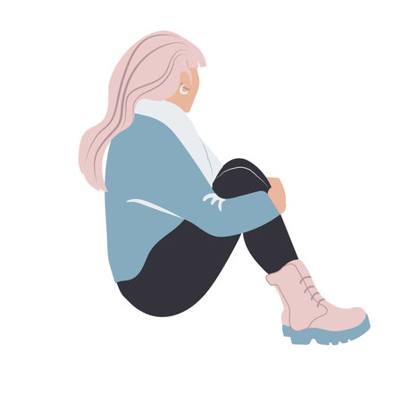 Woman with pink hair sitting side view vector.のイラスト素材