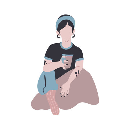 Young woman sitting and holding a mug.のイラスト素材
