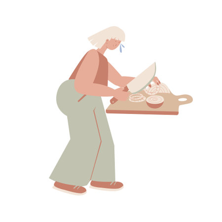 Young woman cutting onion on wooden board.のイラスト素材