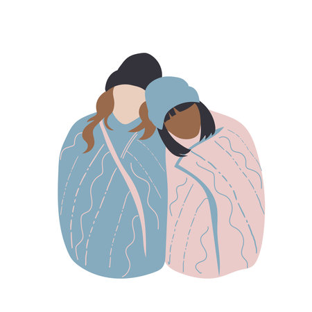 Two women in blankets hugging.のイラスト素材