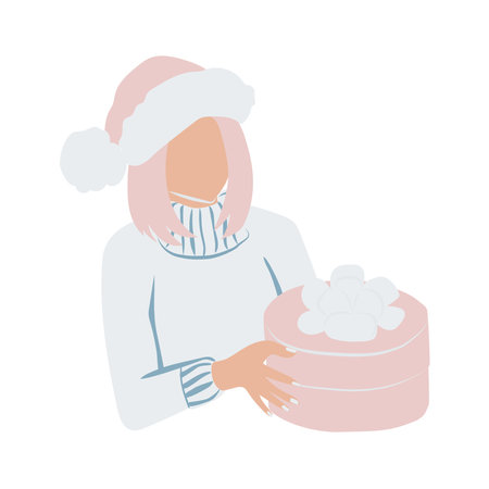 woman in santa hat holding a present vector.のイラスト素材