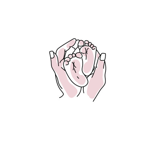 Woman hands holding together cute baby feet line art vector.のイラスト素材