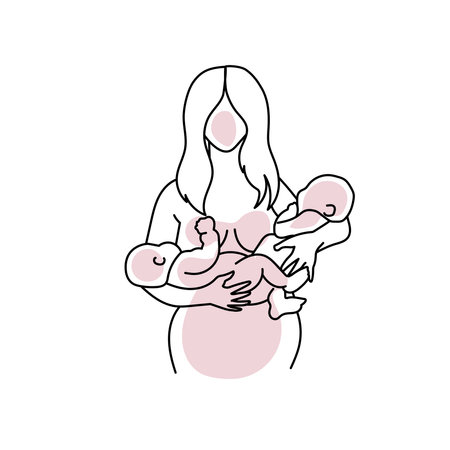 Abstract woman holds her two babies in her arms line art vector.のイラスト素材