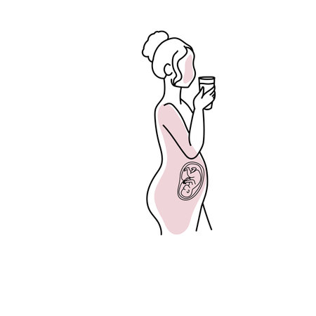 Line art pregnant woman holding cup isolated on white background.のイラスト素材