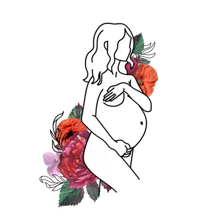 Nude pregnant woman line art decorated with watercolor flowers.の写真素材