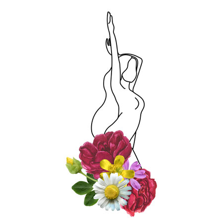 Nude woman line art decorated with watercolor flowers.の写真素材