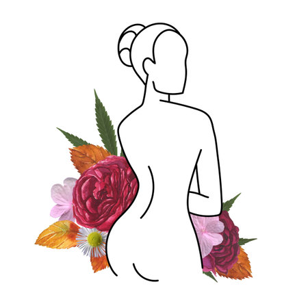 Nude woman line art decorated with watercolor flowers.の写真素材
