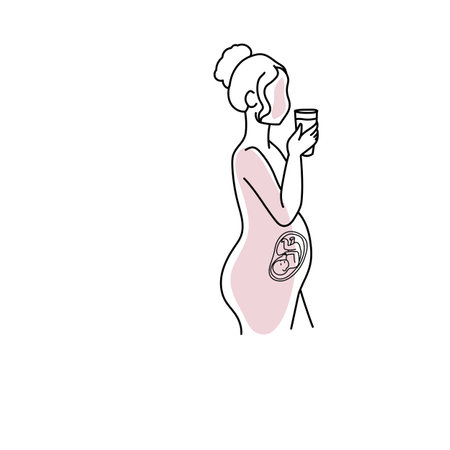 Line art pregnant woman holding cup isolated on white background.のイラスト素材