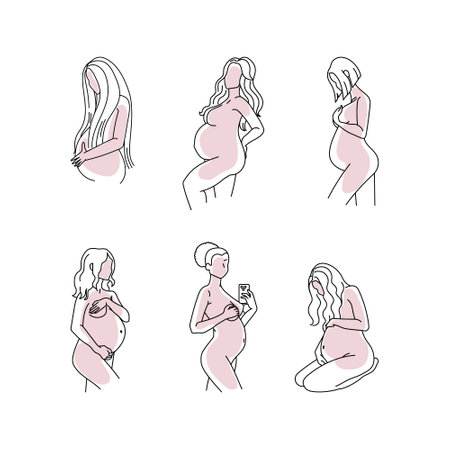 Line art woman with pregnant belly vector set isolated on white background.のイラスト素材