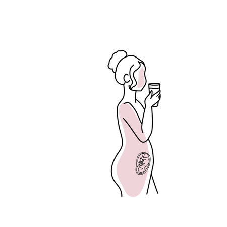 Line art pregnant woman holding cup isolated on white background.のイラスト素材