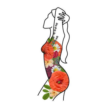 Nude woman line art decorated with watercolor flowers.の写真素材